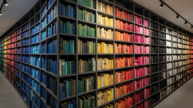 Large library bookshelves with many colorful books organized by color in a modern public bookstore