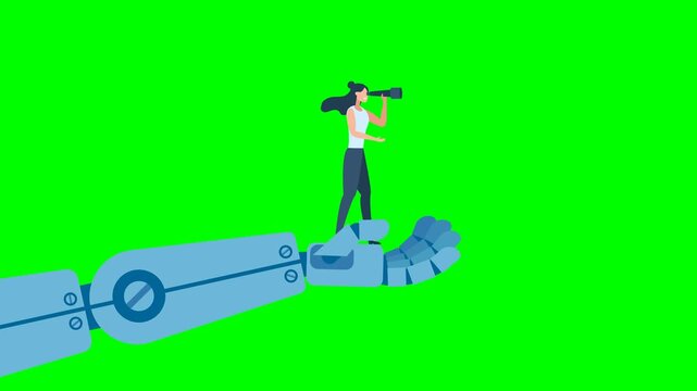 Business woman analyst use telescope climb up. AI technology futuristic, AI. Robot holding a businesswoman with a telescope, helping her to look further ahead. 2d flat animation. Alpha channel