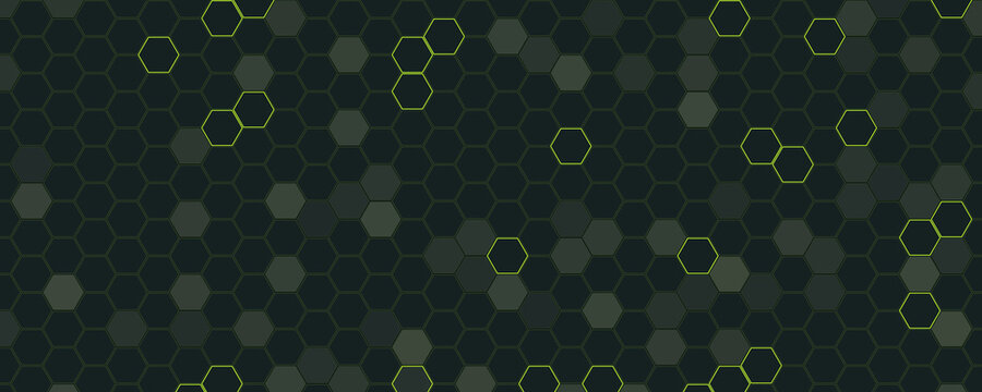 Dark green hexagonal honeycomb pattern with yellow outlines
