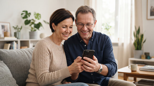 Older couple sitting on a sofa at home and looking at a smartphone together