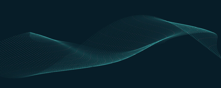 Dark teal background, with a flowing, wave of tiny, glowing light dots