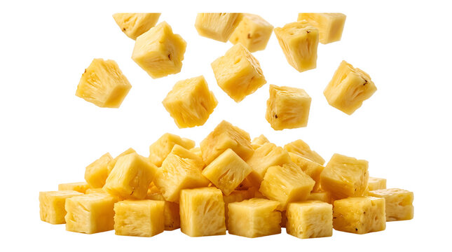 Fresh pineapple chunks pile with falling pieces isolated on white background for juice recipe.