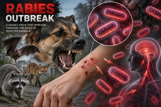Rabies outbreak microscopic virus depiction transmitted through bites of infected animals dog bat raccoon fox awareness concept public health rabies virus infection symptoms transmission