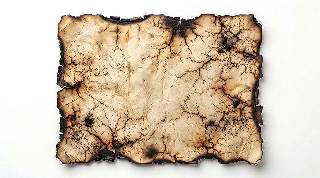 Rectangular sheet of aged parchment with burnt, charred edges and dark, cracked surface textures on a plain white background