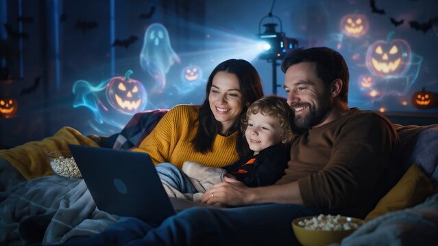 Family cuddled on couch watching Halloween movie, laptop screen glowing in dark room, popcorn bowls