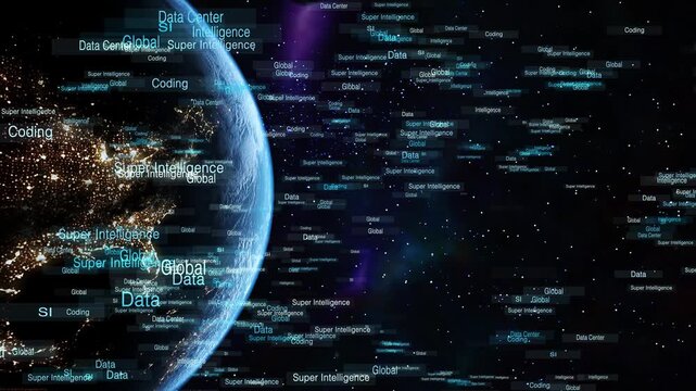 Super Intelligence technology background with earth in space.