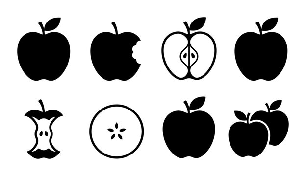 Apple silhouettes set with whole fruit, bitten apple, apple core, and apple slice for food or health logos