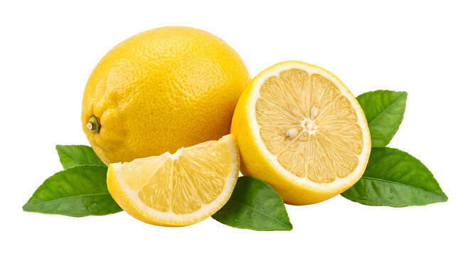 Fresh yellow lemon fruit with cut slice and green leaves isolated on clean professional background.