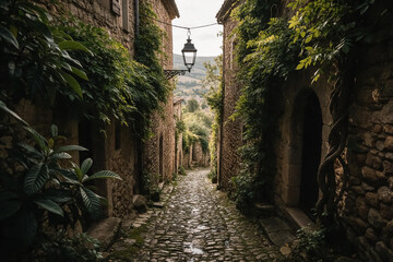 Fototapeta premium Narrow cobblestone alley in rustic european village with vintage
