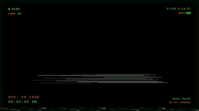 Vintage 1990s VHS camcorder HUD overlay with tracking glitch noise and timestamp on black, retro home video tape screen with green OSD font, battery icon and play indicator in 4K UHD