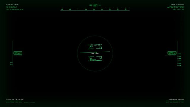 Tactical drone HUD overlay interface in night vision green on black, military UAV artificial horizon display with target tracking crosshair reticle, speed and altitude telemetry in 4K