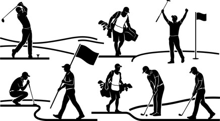 Fototapeta premium Golf Players Celebrating Victory and Carrying Bags Silhouette Icon Set