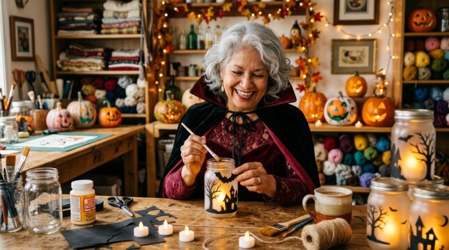 Joyful senior woman in a vampire cape crafting Halloween jar lanterns in a cozy workshop filled with pumpkins