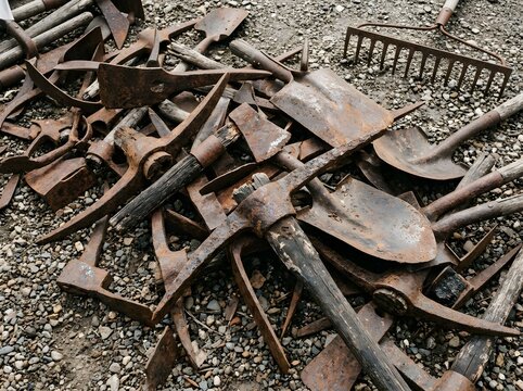 A collection of old, rusted garden tools including shovels, pickaxes, and a rake scattered on a gravel ground surface