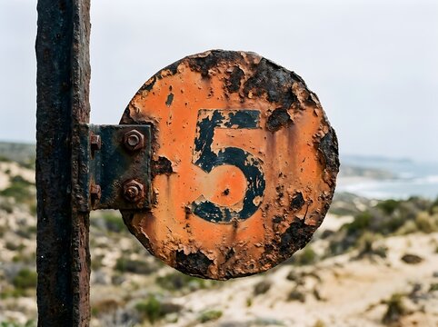 A weathered, circular metal sign featuring the number five, heavily rusted and peeling, attached to a vertical pole against a blurred coastal landscape background