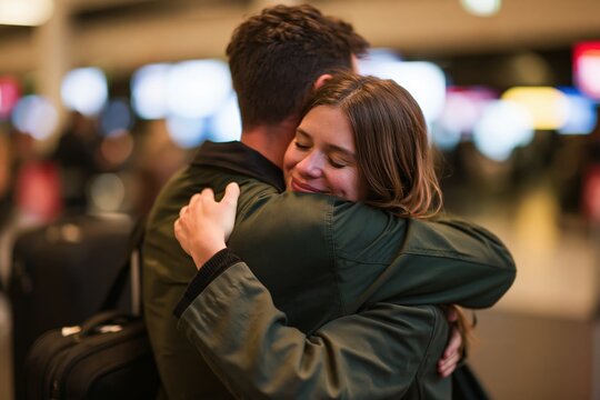 Couple embracing emotionally in airport arrivals hall after long separation