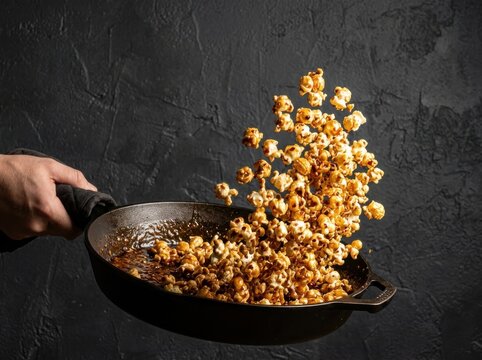 Caramel popcorn flying from a cast iron skillet on dark background