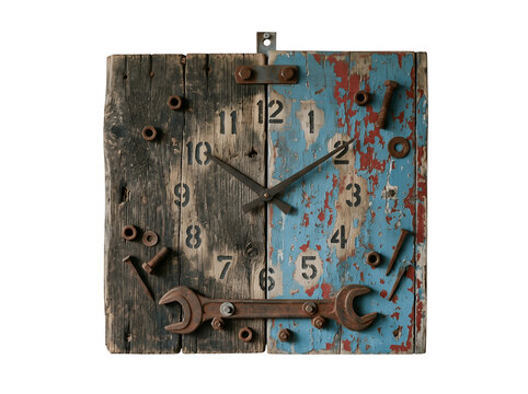 Rustic wall clock made from reclaimed weathered wood planks with industrial metal hardware and a large wrench, isolated on transparent background