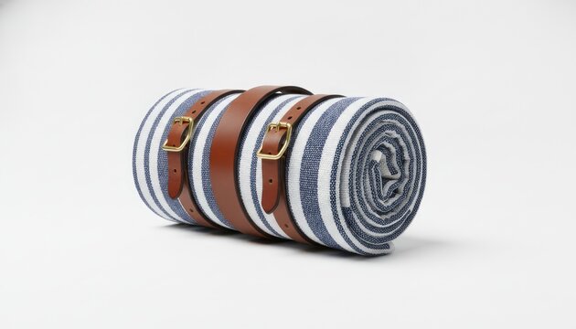 Rolled blue and white striped picnic blanket is secured with brown leather straps and polished brass buckles on a white background.