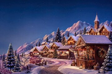 Obraz premium Snowy Christmas village beneath glowing alpine mountains