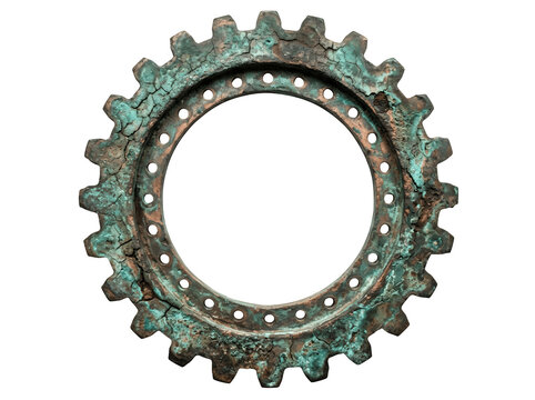 A weathered, oxidized bronze gear with a rustic, aged texture and visible cracks, isolated on transparent background