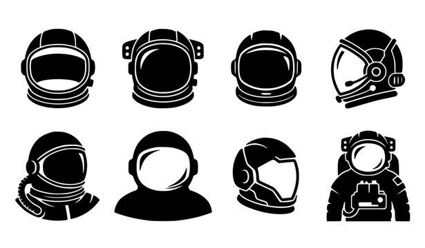 Astronaut space helmet and spacesuit black silhouette icon collection vector illustration