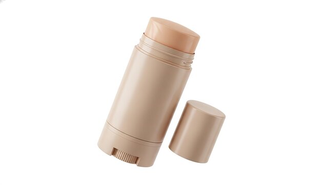Beige plastic deodorant or skincare stick container with an open cap stands vertically to showcase a compact and travel friendly grooming product packaging design solution.
