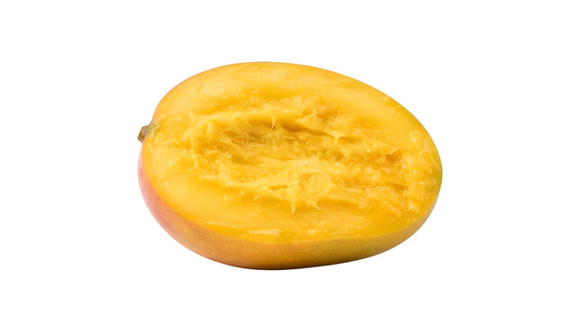 Fresh ripe mango fruit cut in half isolated on transparent background