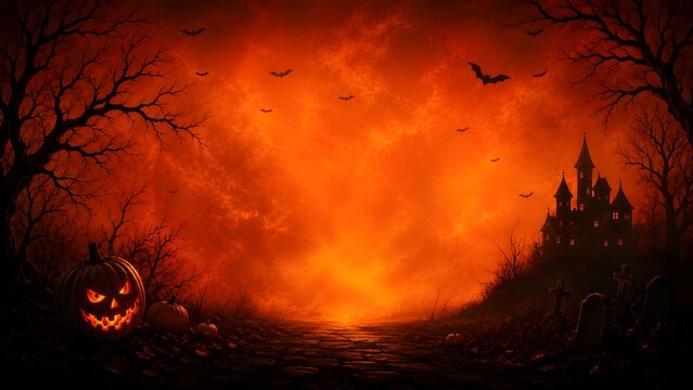 Spooky Orange Halloween Background with Haunted House, Jack O Lantern and Bats
