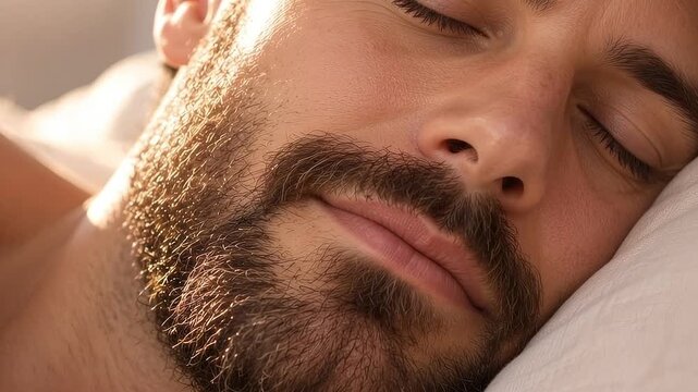 Young man sleeping peacefully with a beard on a soft pillow  