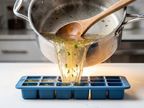 Broth Cubes Pouring into Silicone Tray for Freezer Meal Prep