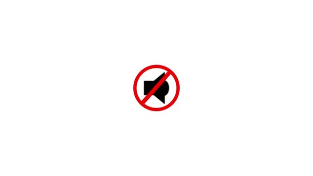 Muted speaker animation with prohibition sign. Muted speaker digital audio warning. Silent mode audio sound cancellation triggers on muted speaker symbol.