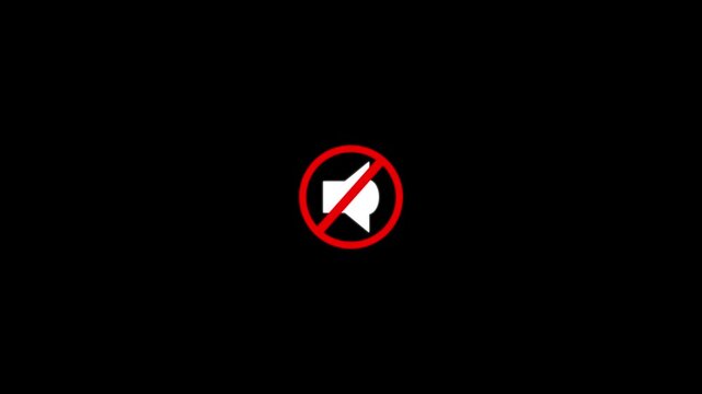 Muted speaker animation with prohibition sign. Muted speaker digital audio warning. Silent mode audio sound cancellation triggers on muted speaker symbol.