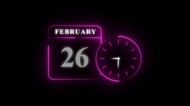 February 26 date with glowing purple clock illustration