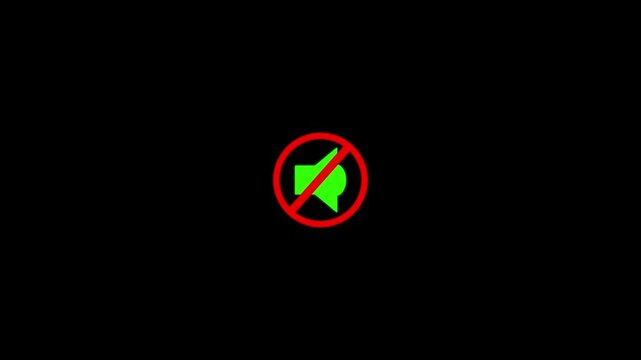 Muted speaker animation with prohibition sign. Muted speaker digital audio warning. Silent mode audio sound cancellation triggers on muted speaker symbol.