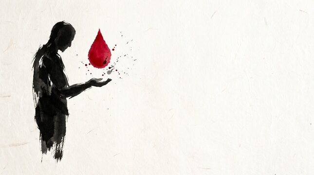 Black ink silhouette person holding bright red blood drop illustration
