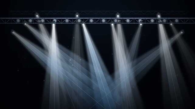 Concert stage lighting truss rig with white moving head spotlights projecting volumetric light beams through stadium haze, dynamic live performance arena lighting backdrop in 4K UHD