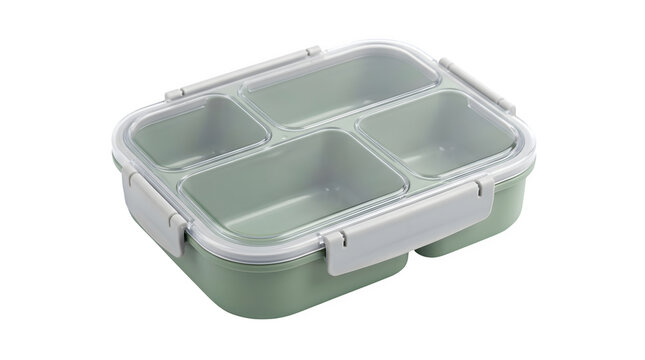 Green plastic bento lunch box with four compartments and a clear lid isolated on transparent background