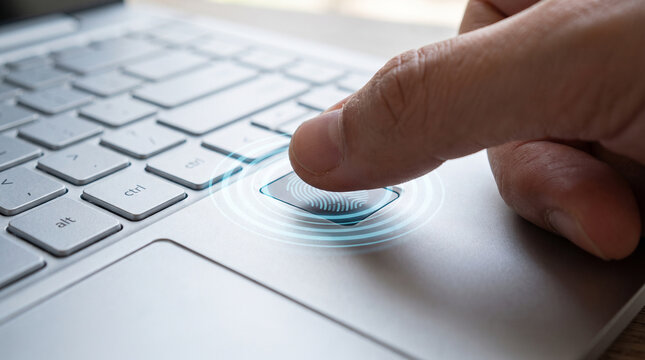 Finger scanning biometric sensor on modern laptop keyboard for digital security verification and safe personal identification access