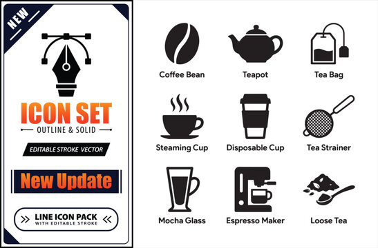Coffee and tea brewing icons in black solid style for cafe menus coffeehouses and kitchen appliance apps.
