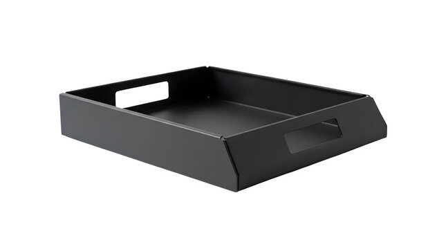 Modern black metal serving tray with cutout handles isolated on transparent background