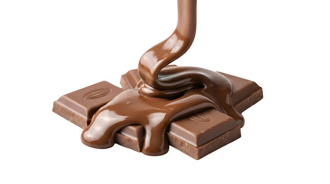 Liquid chocolate pouring over solid chocolate bars isolated on transparent background