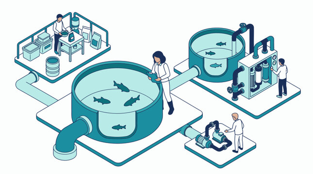 Aquaculture System Diagram Showing Fish Farming Process and Water Circulation