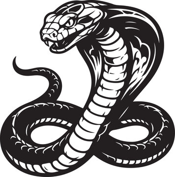 Black and white cobra snake vector illustration mascot logo, aggressive viper reptile silhouette isolated