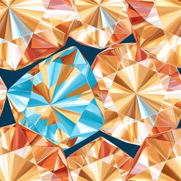 Faceted crystal shapes with warm gold and cool blue tones, seamless geometric pattern