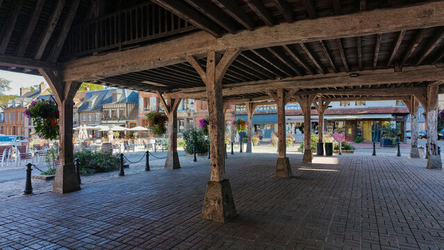 Close-up of the old 12th-century timber-framed market halls in the town of Lyons-la-For&ecirc;t in Normandy, France