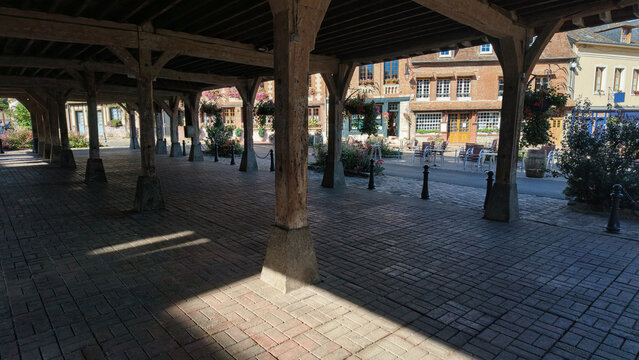 Close-up of the old 12th-century timber-framed market halls in the town of Lyons-la-For&ecirc;t in Normandy, France