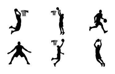 Basketball player silhouettes set with dunk, shoot and dribble actions for sports logos and graphics © Redoy