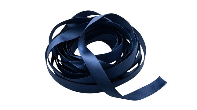 A coil of dark blue satin ribbon isolated on transparent background