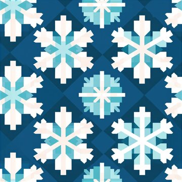 Seamless repeating pattern of blocky snowflakes on blue background